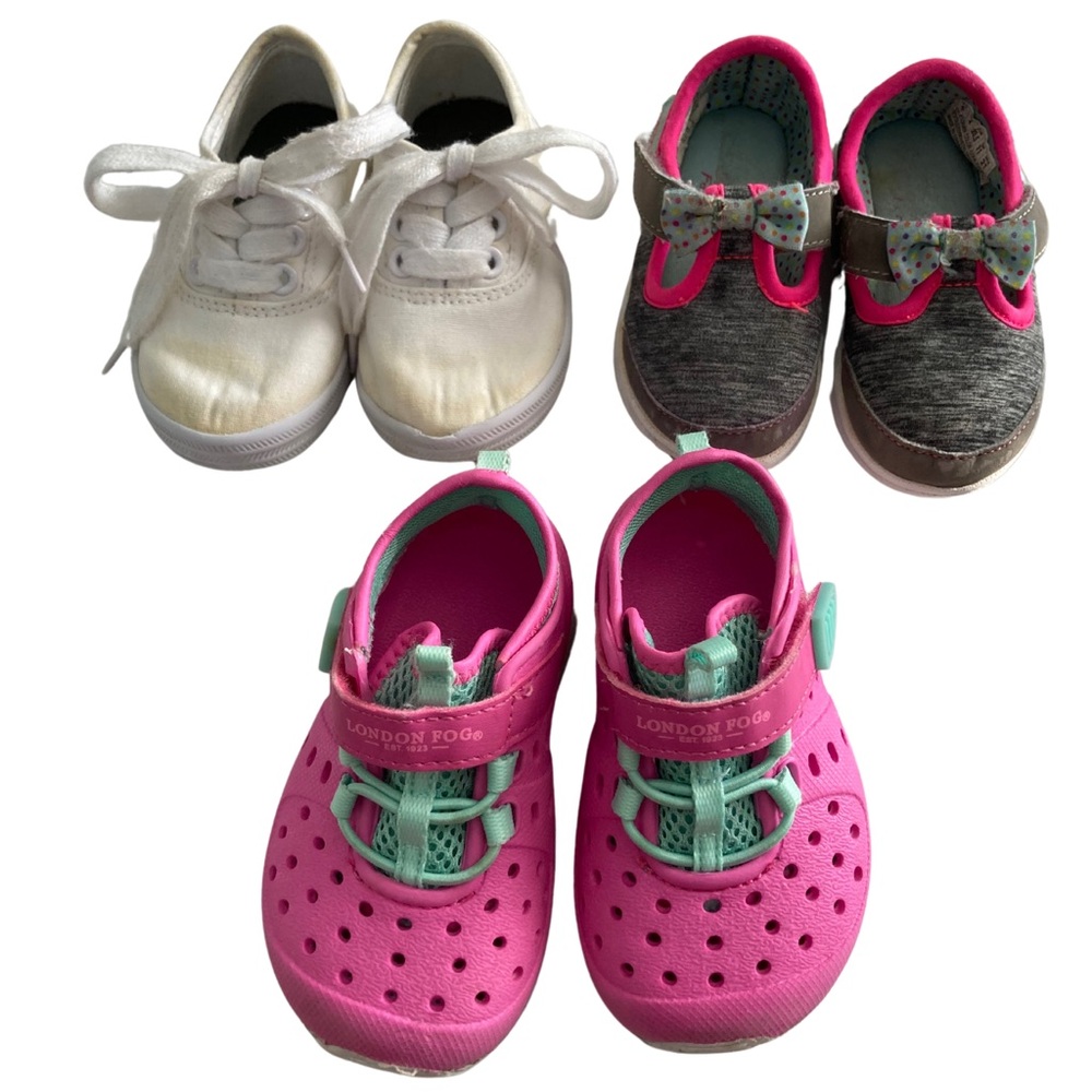 LOT OF 3 Girls Sz 5T Shoes, London Fog water shoes, Velcro skechers, Tie shoes
